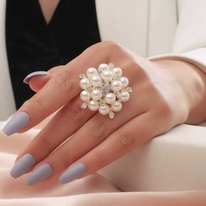 Rhinestone and Faux Pearl Flower Decor Ring